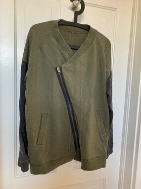 Lululemon Cotton Asymmetrical Zip Olive Green & Charcoal Sweatshirt Jacket XL
